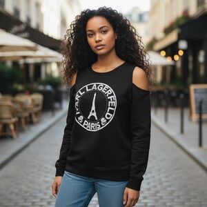 KARL LAGERFELD M Black Logo Studs Cut Out Shoulder Sweatshirt R $99